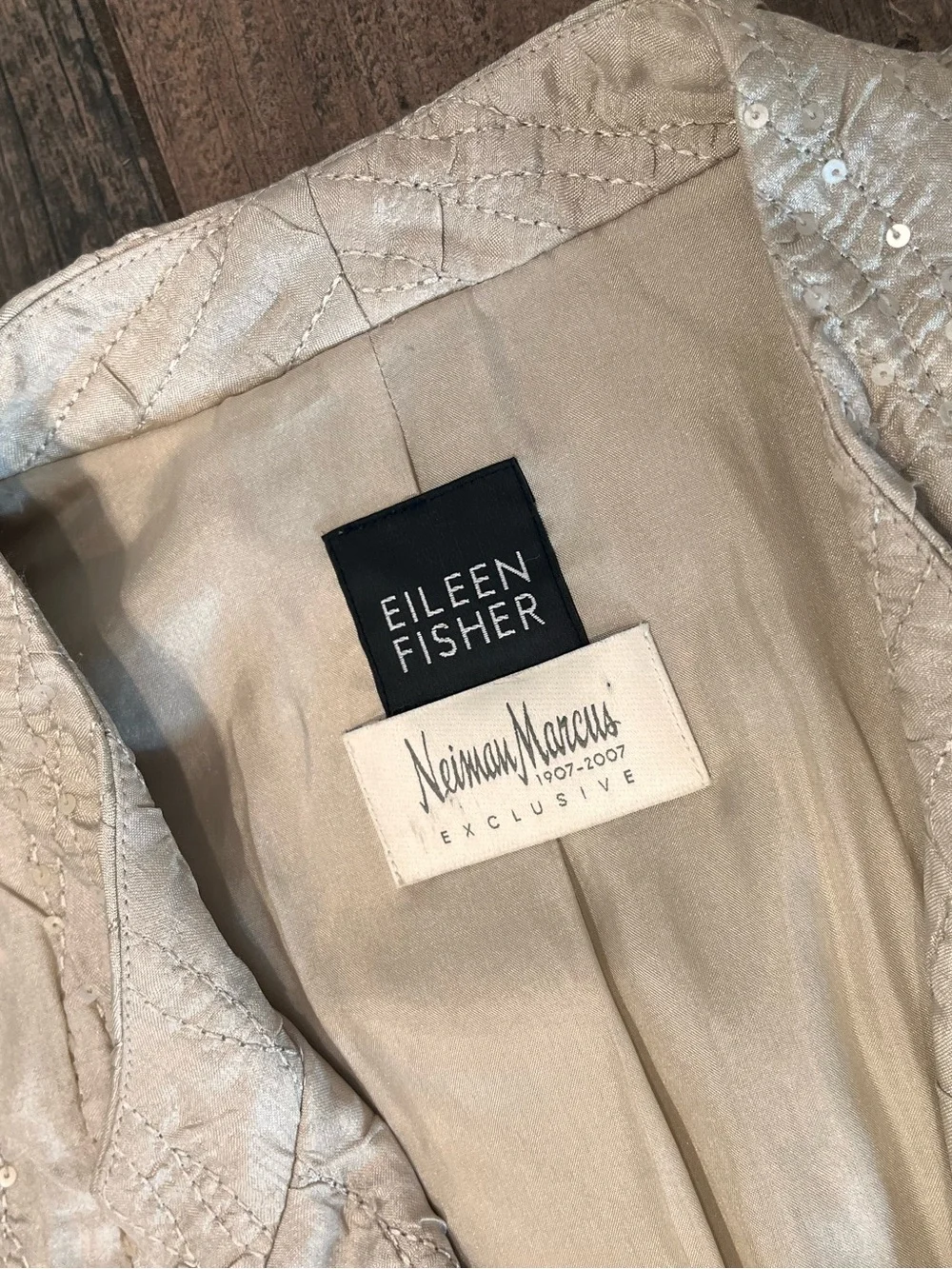 Eileen Fisher Neiman Marcus Crinkle Jacket Sz M 100% Silk Sequins Pockets Gold